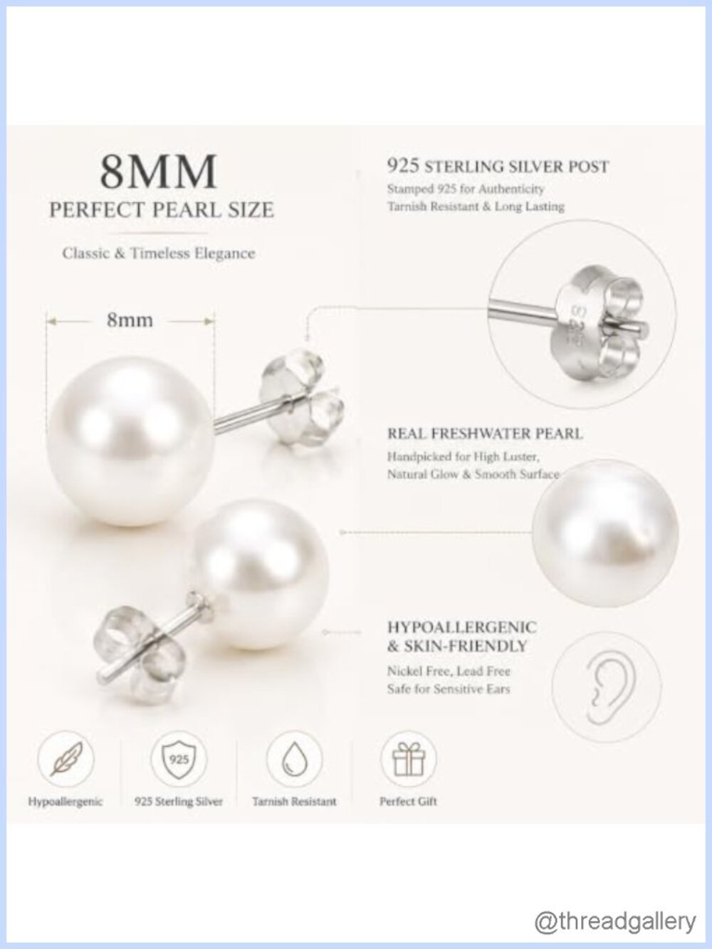 8mm Freshwater Pearl Stud Earrings 925 Sterling Silver Push Back Gift - Picture 2 of 6